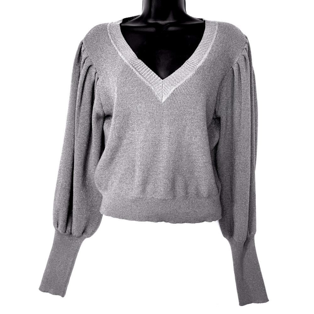 Forever 21 Metallic Silver VNeck Bubble Sleeve Sweater Victorian Women S Regency